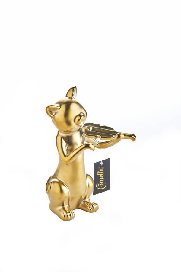 Cornella 27 Cm Seramik Mat Gold Keman Çalan Kedi Obje ( Dream-38 ) - 1