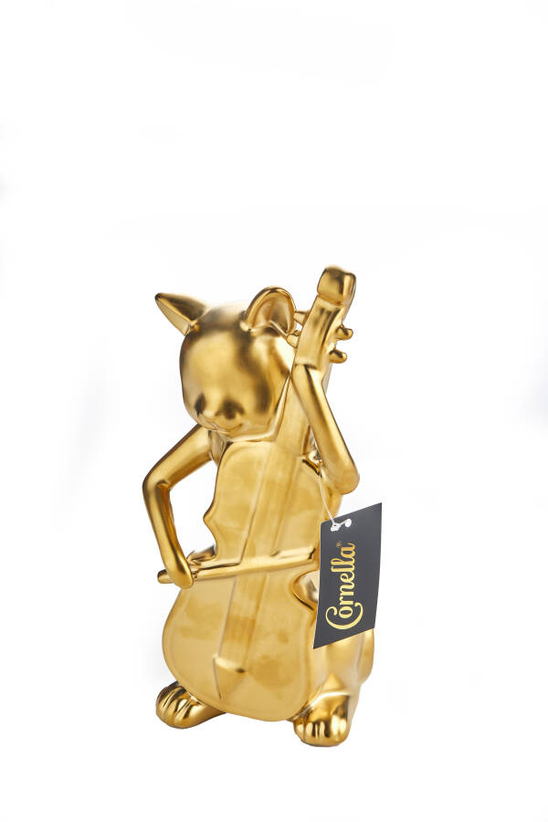 Cornella 27 Cm Seramik Mat Gold Violin Çalan Kedi Obje ( Dream-36 ) - 1