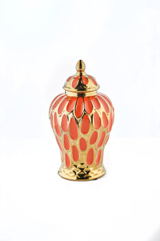 Cornella 32 Cm Tavuskuşu Desenli Turuncu Gold Seramik Vazo ( Neptun-340 ) - 1