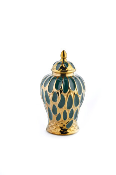 Cornella 32 Cm Tavuskuşu Yeşil Gold Beyaz Seramik Vazo ( Neptun-350 ) - 1