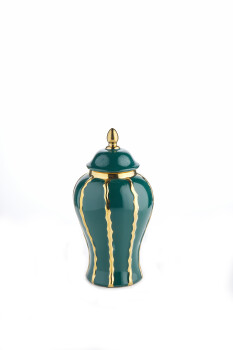 Cornella 32 Cm Yeşil Gold Çizgili Seramik Vazo ( Mars-710 ) - 1