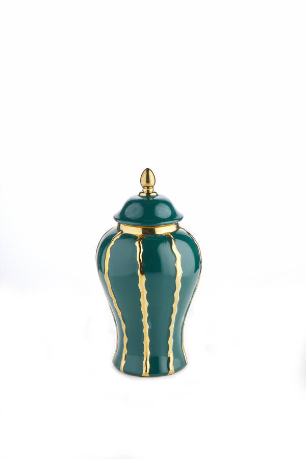 Cornella 32 Cm Yeşil Gold Çizgili Seramik Vazo ( Mars-710 ) - 1