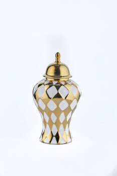 Cornella 33 Cm Beyaz Gold Dama Desenli Seramik Vazo ( Jupıter-640 ) - 1