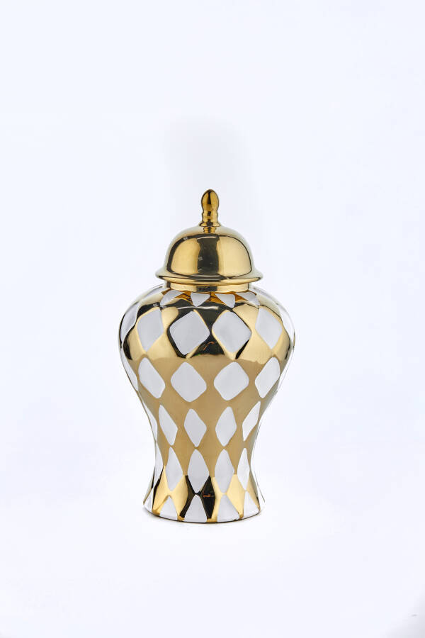 Cornella 33 Cm Beyaz Gold Dama Desenli Seramik Vazo ( Jupıter-640 ) - 1