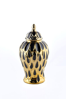 Cornella 38 Cm Tavuskuşu Desenli Siyah-Gold Seramik Vazo ( Neptun-270 ) - 1