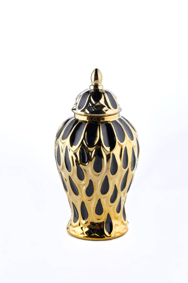 Cornella 38 Cm Tavuskuşu Desenli Siyah-Gold Seramik Vazo ( Neptun-270 ) - 1