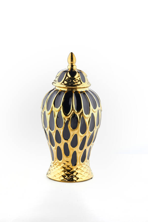 Cornella 45 Cm Tavuskuşu Desenli Siyah-Gold Seramik Vazo ( Neptun-210 ) - 1