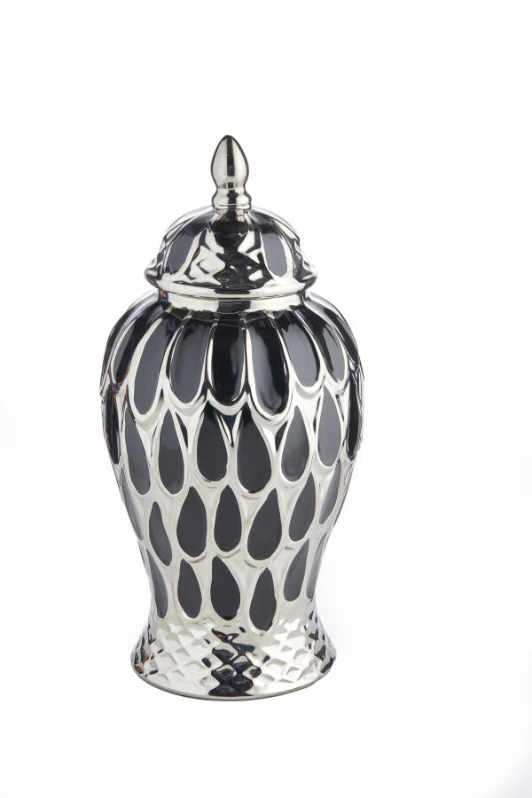 Cornella 45 Cm Tavuskuşu Desenli Siyah Gümüş Seramik Vazo ( Neptun-250 ) - 1