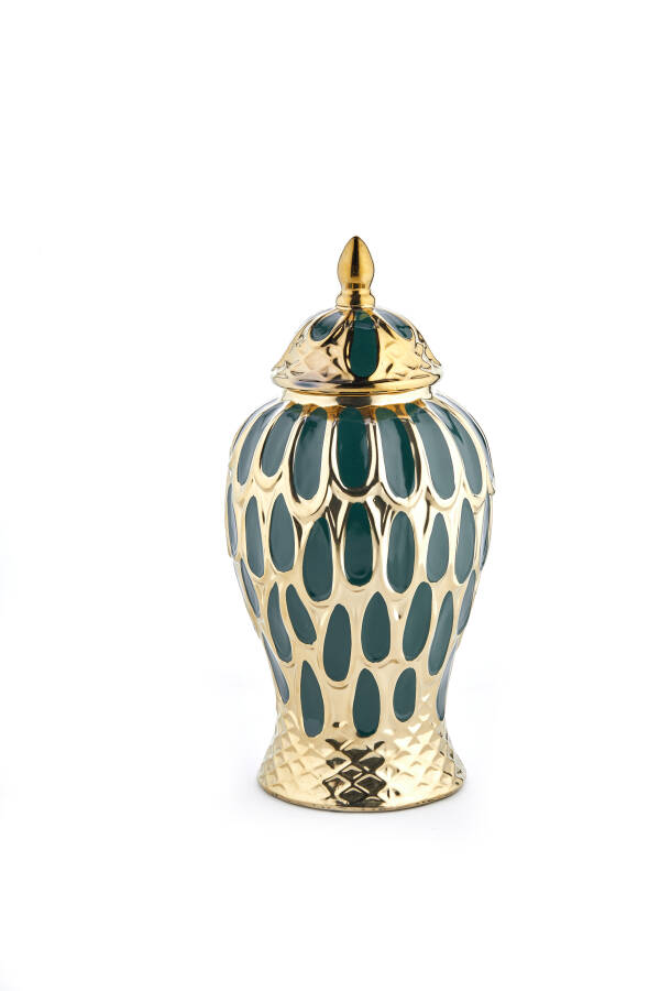 Cornella 45 Cm Tavuskuşu Yeşil Gold Beyaz Seramik Vazo ( Neptun-230 ) - 1