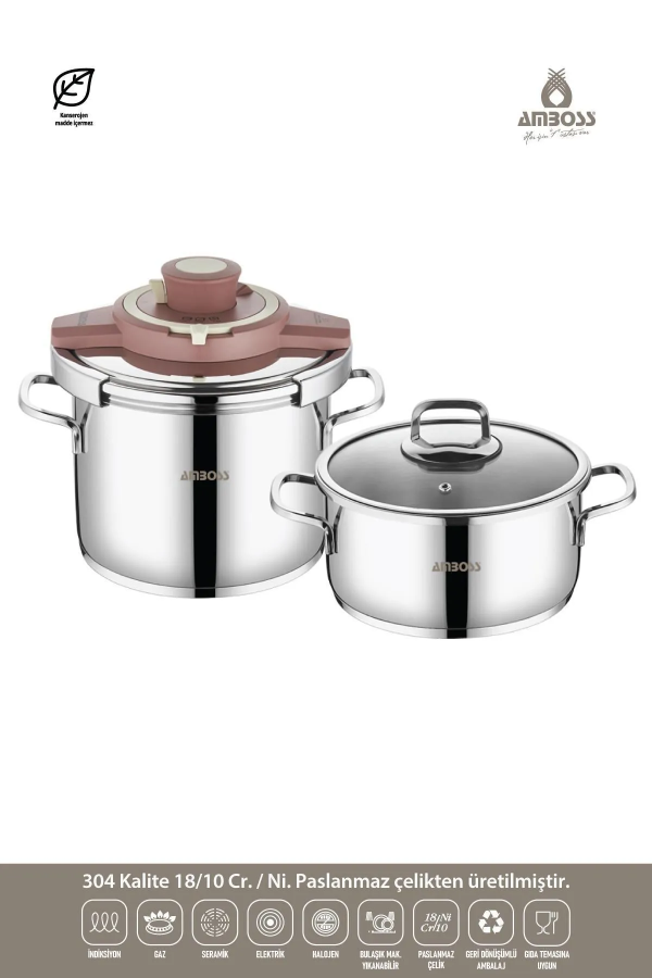 Amboss Rose 4lt + 6lt Paslanmaz Çelik Extra Cam Kapaklı Düdüklü Tencere - 2