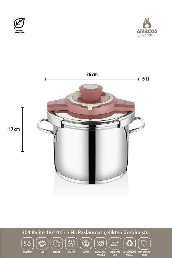 Amboss Rose 4lt + 6lt Paslanmaz Çelik Extra Cam Kapaklı Düdüklü Tencere - 4