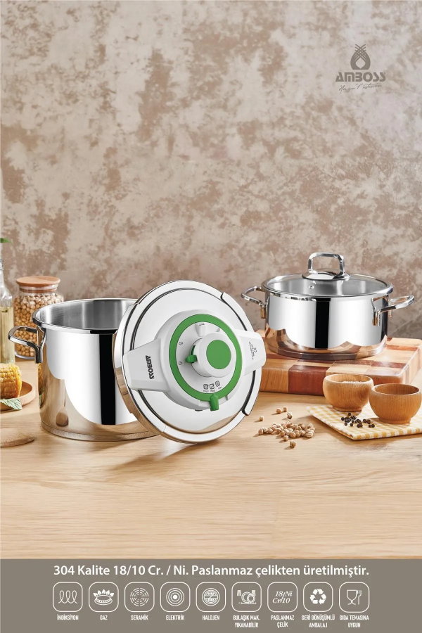 Amboss Yeşil 4lt + 6lt Paslanmaz Çelik Extra Cam Kapaklı Düdüklü Tencere - 1
