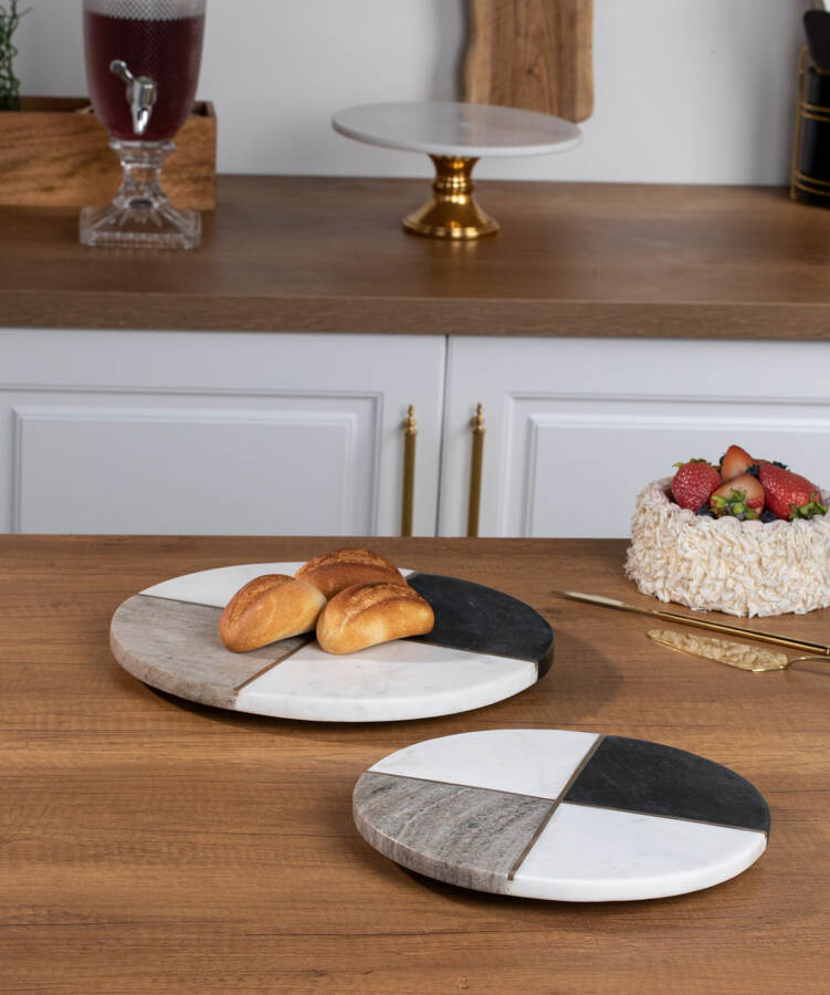 Cornella Çift Renk 2 Li Yuvarlak Mermer Sunumluk Seti 25 Cm & 30 Cm ( Marble World-280 ) - 1