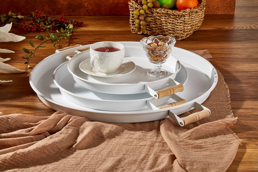 Cornella 3 lü Metal Beyaz Tepsi 45-37-30) cm Set - 5