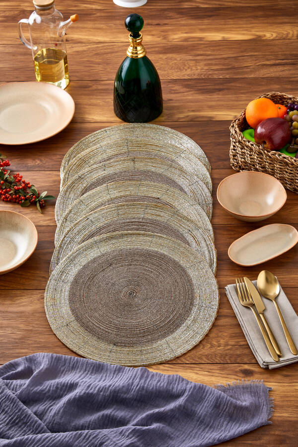 Cornella BOLENA Boncuklu Yuvarlak Amerikan Servis Supla Şampanya Gold 6 Lı Set - 6