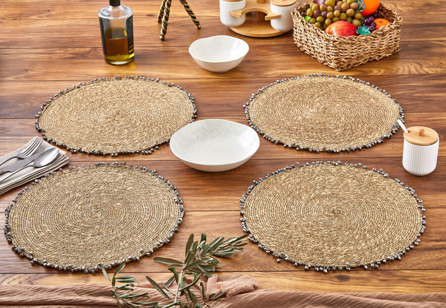 Cornella Seagrass Hasır Yuvarlak Amerikan Servis Supla Gold 4 LÜ - 6