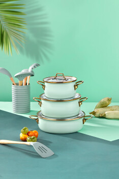 Bonera Emaye Vintage Güveç 6 Pcs Ten. Seti (16-20 Ten.22 Kry) Su Yeşili-Emy 2402 - 6