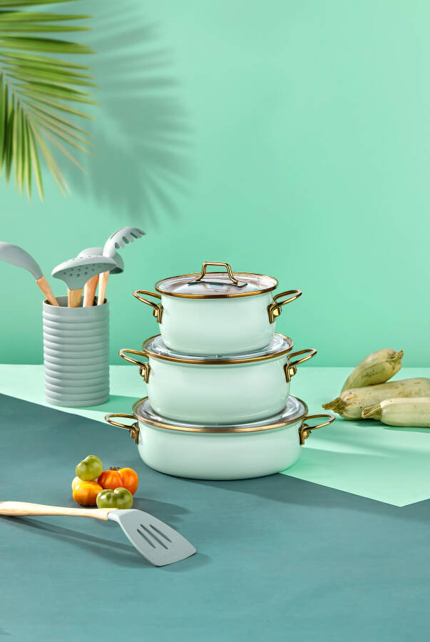 Bonera Emaye Vintage Güveç 6 Pcs Ten. Seti (16-20 Ten.22 Kry) Su Yeşili-Emy 2402 - 6