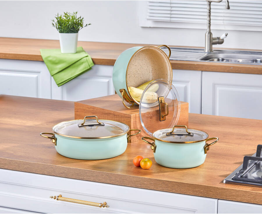 Bonera Emaye Vintage Güveç 6 Pcs Ten. Seti (16-20 Ten.22 Kry) Su Yeşili-Emy 2402 - 9