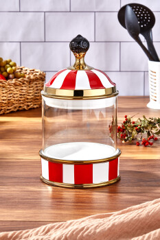 Charmes Porselen Cam Tepeli Kırmızı Beyaz Büyük Boy Kavanoz 1400 ml - 1
